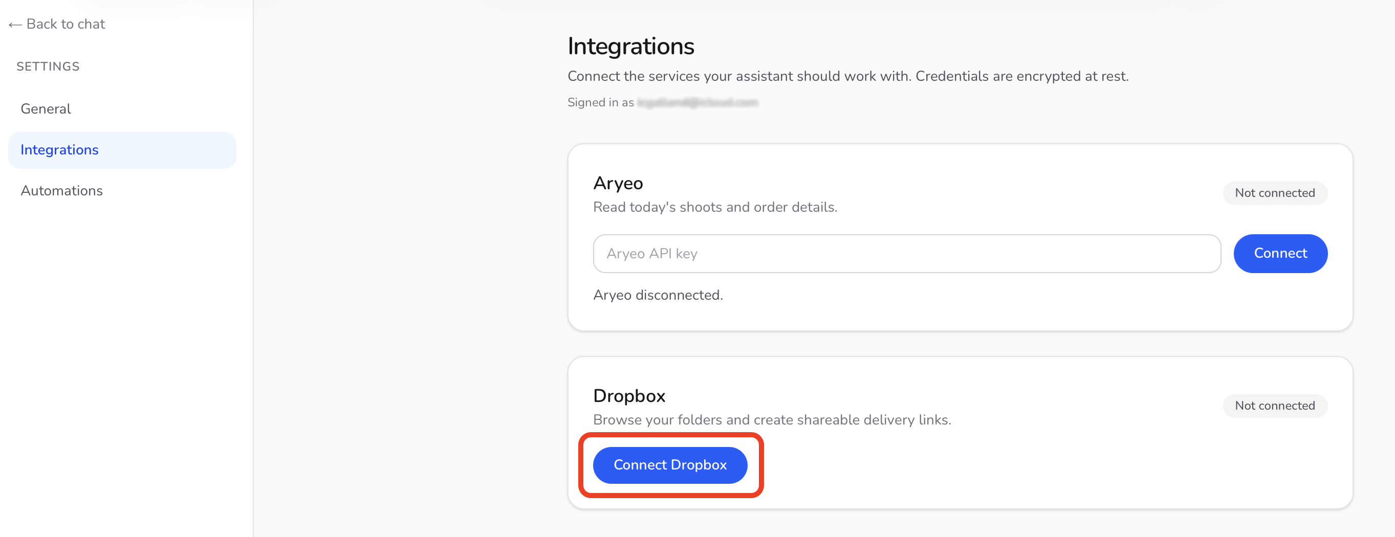 Kelly's Dropbox integration card